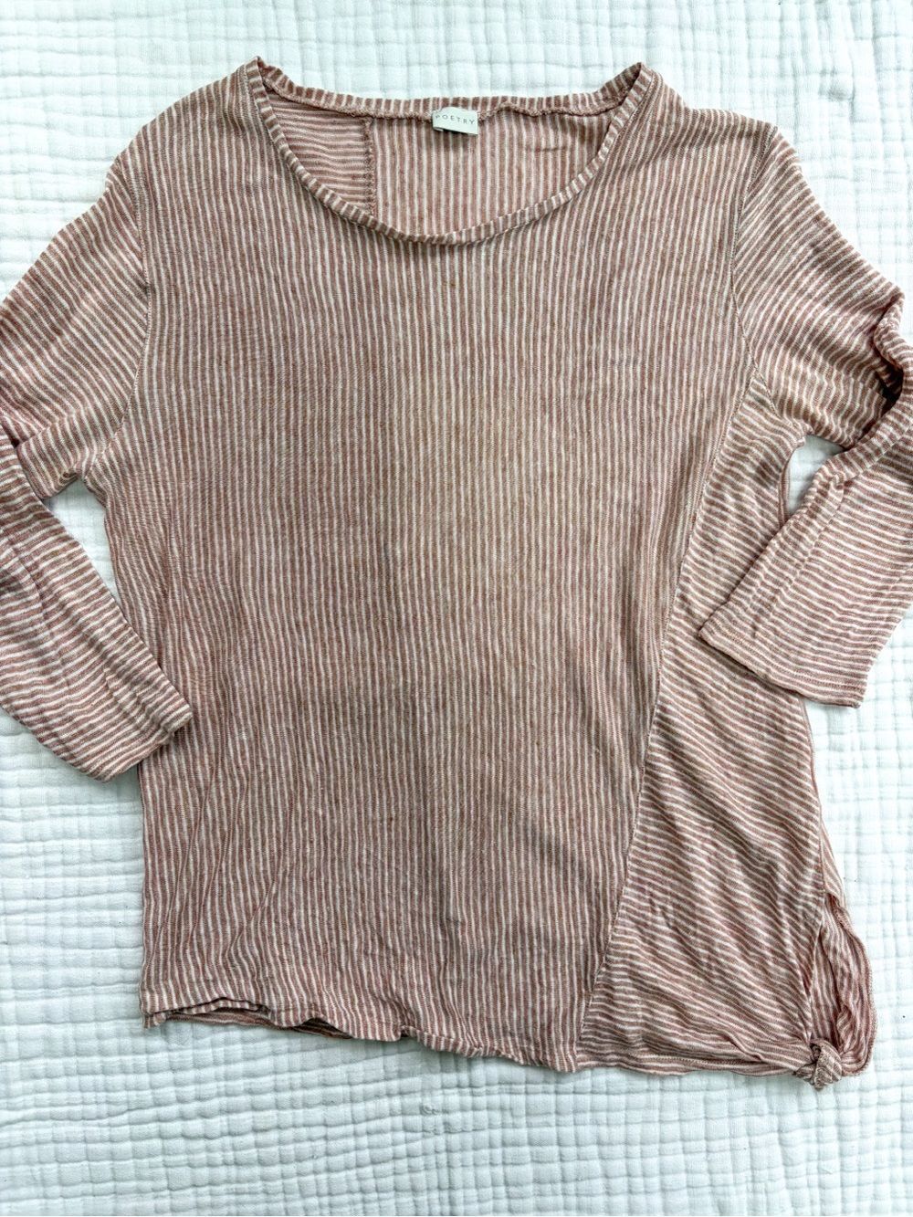 Poetry 100% Linen Striped Knot Hem Top Blush White Asymmetrical 3/4 Sleeve US 8